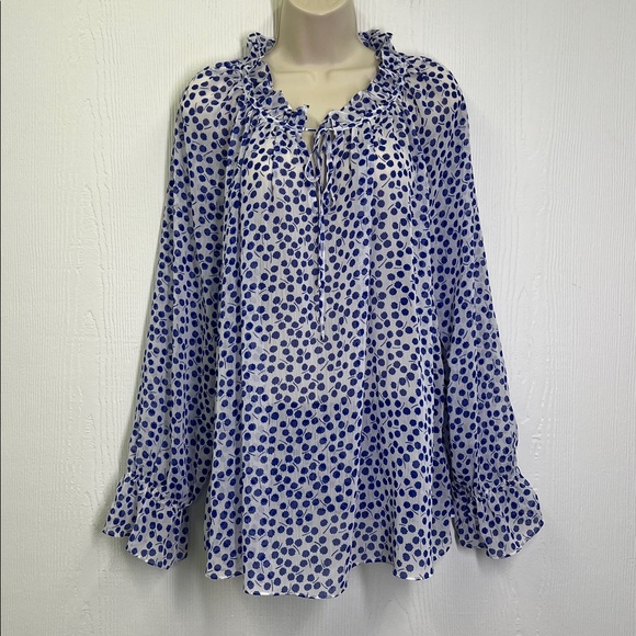 Boden - Florence Blue And White Floral Ruffle Long Sleeve  Mesh Blouse Size 12 - Picture 2 of 10